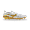 A white and gold soccer cleat shown in a side profile view against a clean white background.