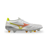 White soccer cleat with colorful accents on a white background