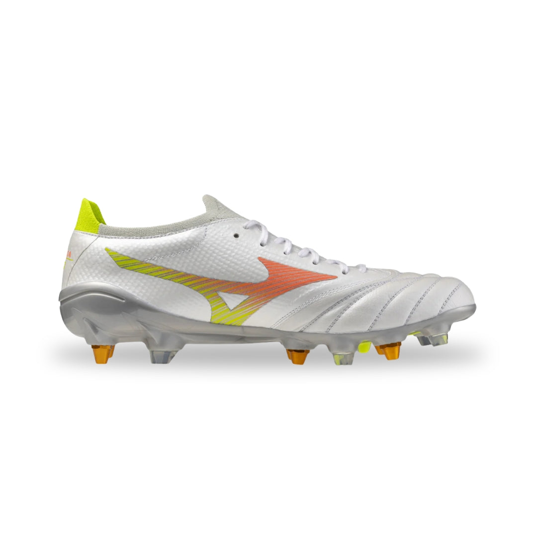 White soccer cleat with colorful accents on a white background