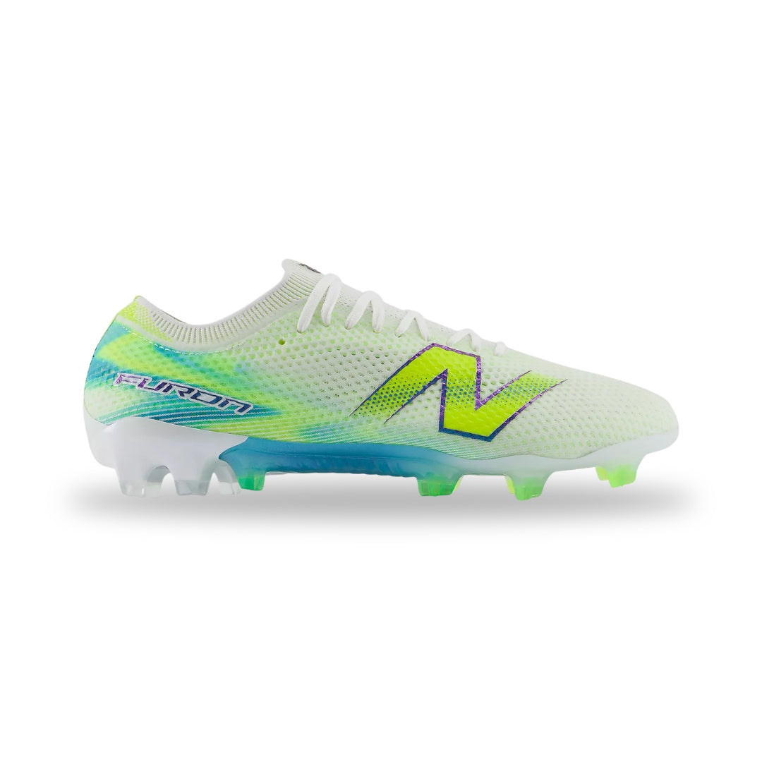 Brightly colored soccer cleat with brand logo on a white background
