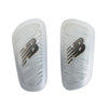 Pair of white shin guards with a logo on a white background