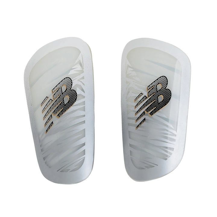Pair of white shin guards with a logo on a white background