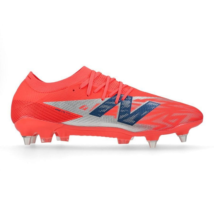 A single Adidas soccer cleat in a vibrant neon orange-red, featuring a silver and navy blue 'W' logo on the side, set against a plain white background.