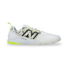 White athletic shoe with black logo and green accents on a white background