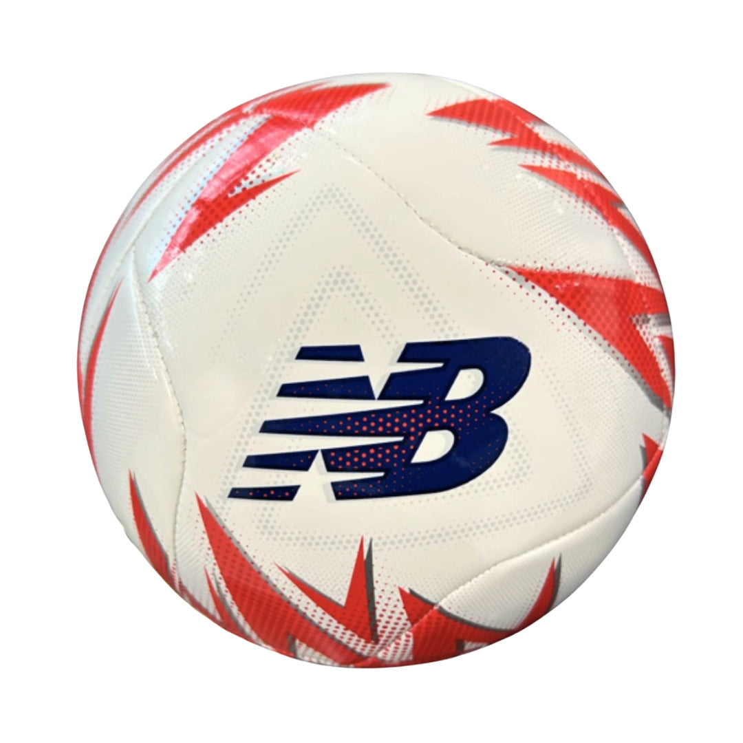 White soccer ball with red patterns and New Balance logo on a white background