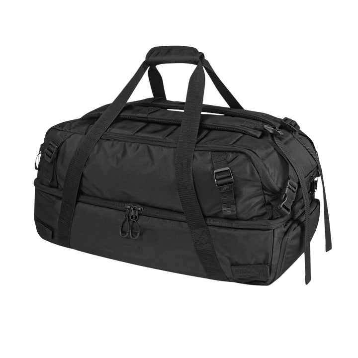 A black tactical duffel bag with multiple zippered compartments, webbing straps, and top carry handles, shown on a plain white background.