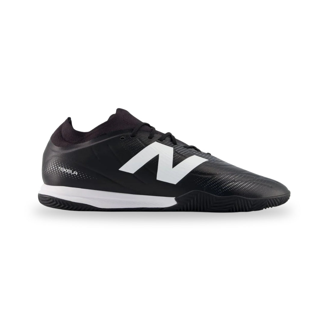 Black sports shoe with white logo on a white background