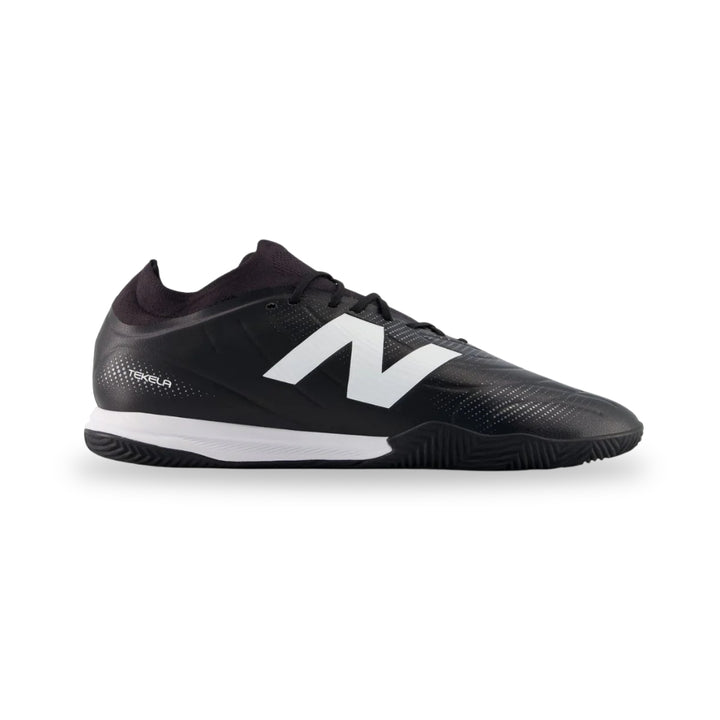 Black sports shoe with white logo on a white background