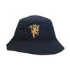 Navy bucket hat with gold embroidered devil design on a white background