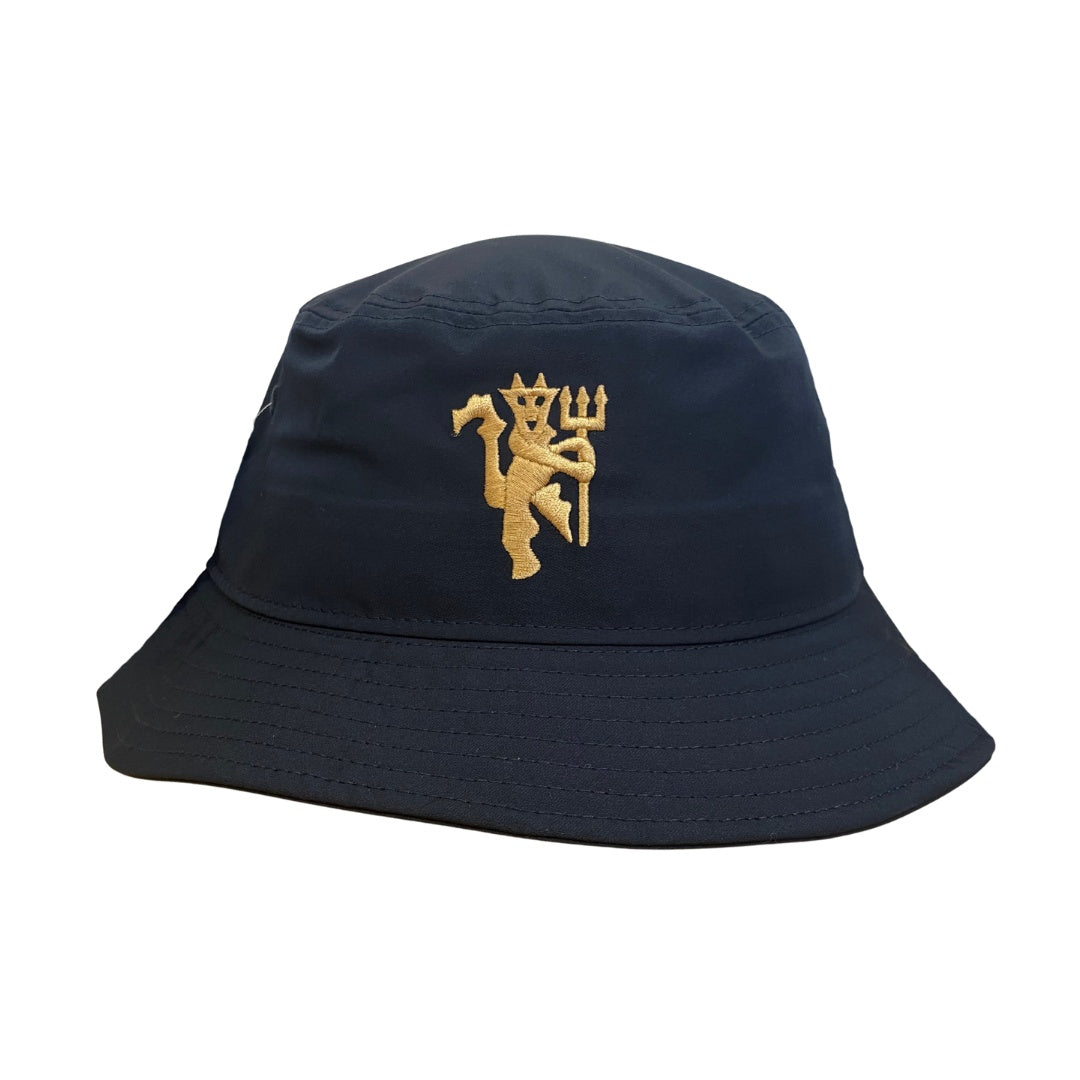 Navy bucket hat with gold embroidered devil design on a white background