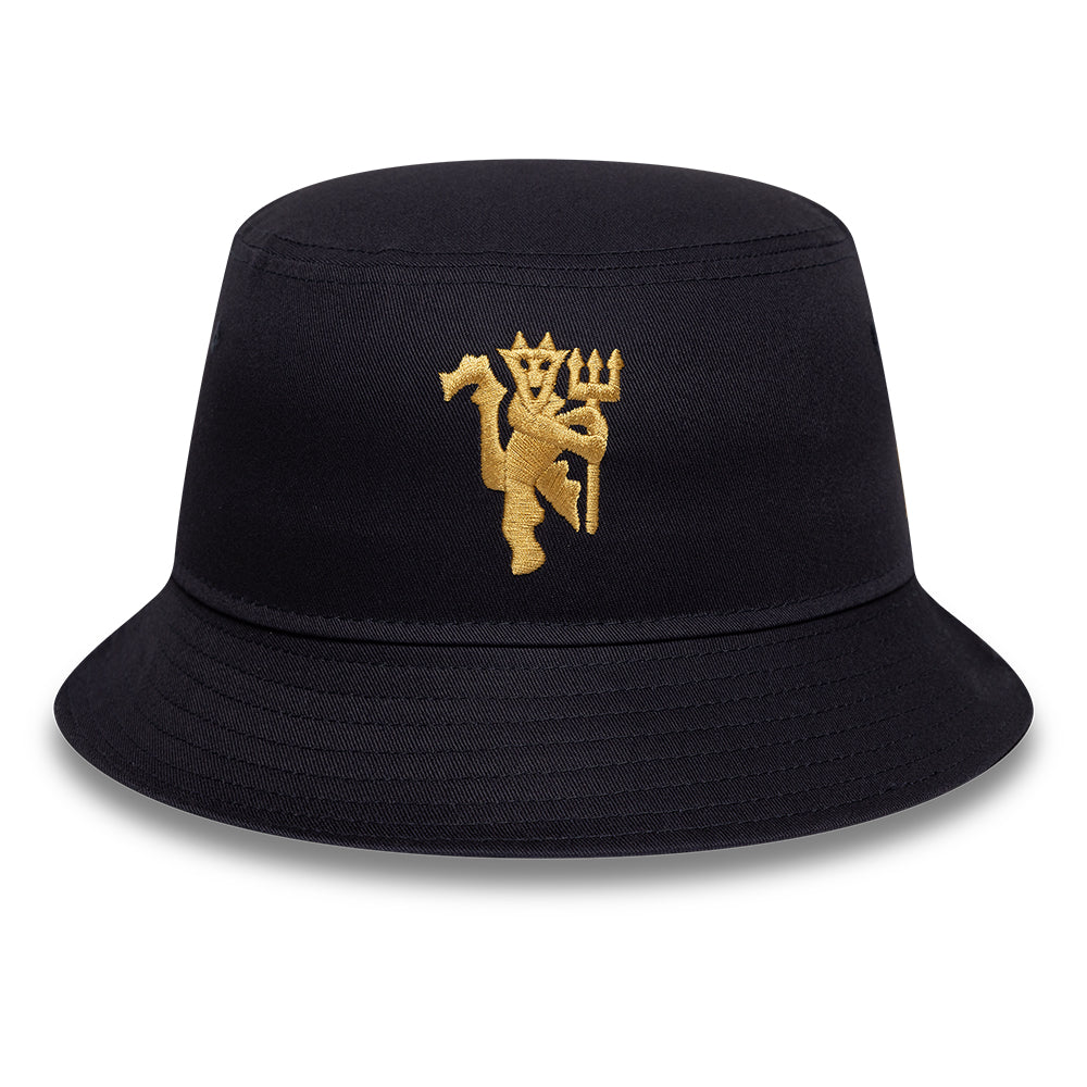 Black bucket hat with gold embroidered design on a white background