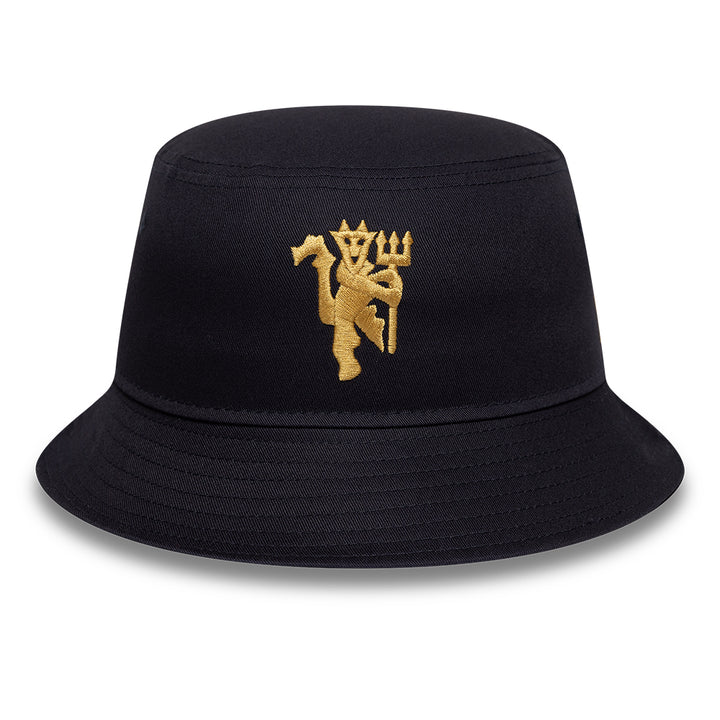 Black bucket hat with gold embroidered design on a white background