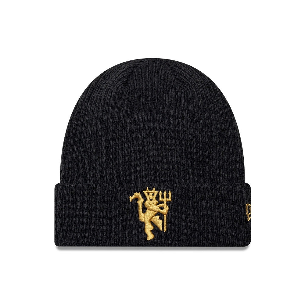 Black beanie with gold devil emblem on a white background