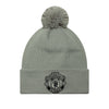 Gray beanie with pom-pom and Manchester United logo on a white background