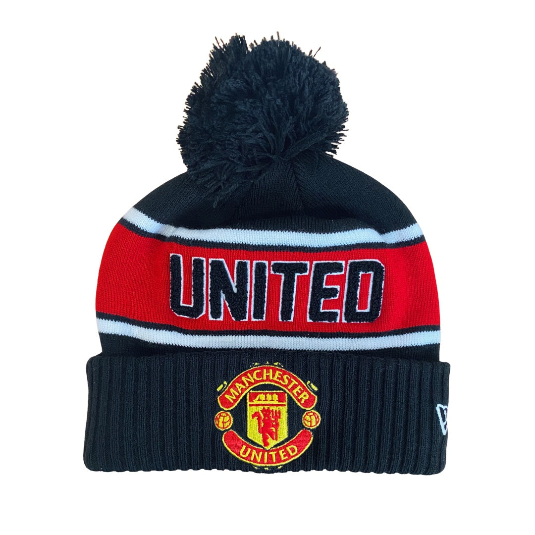 Black and red beanie with Manchester United logo on a white background