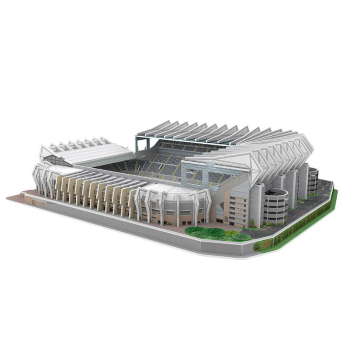 A 3D-rendered architectural model of a modern stadium with tiered seating, curved roof structures, surrounding service buildings, and landscaped green areas on a plain white background.