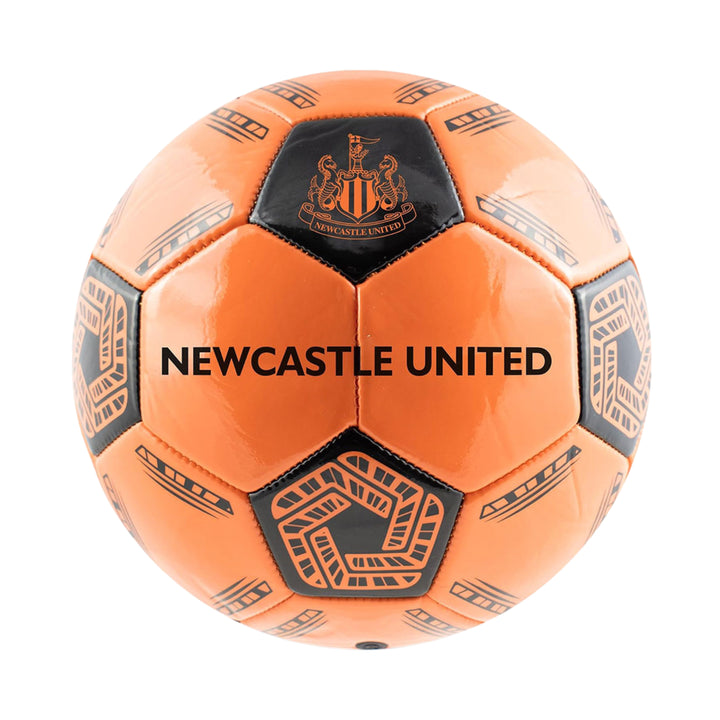 An orange soccer ball with black panels featuring the Newcastle United crest and the text 'NEWCASTLE UNITED' printed across the front, shown on a plain white background.