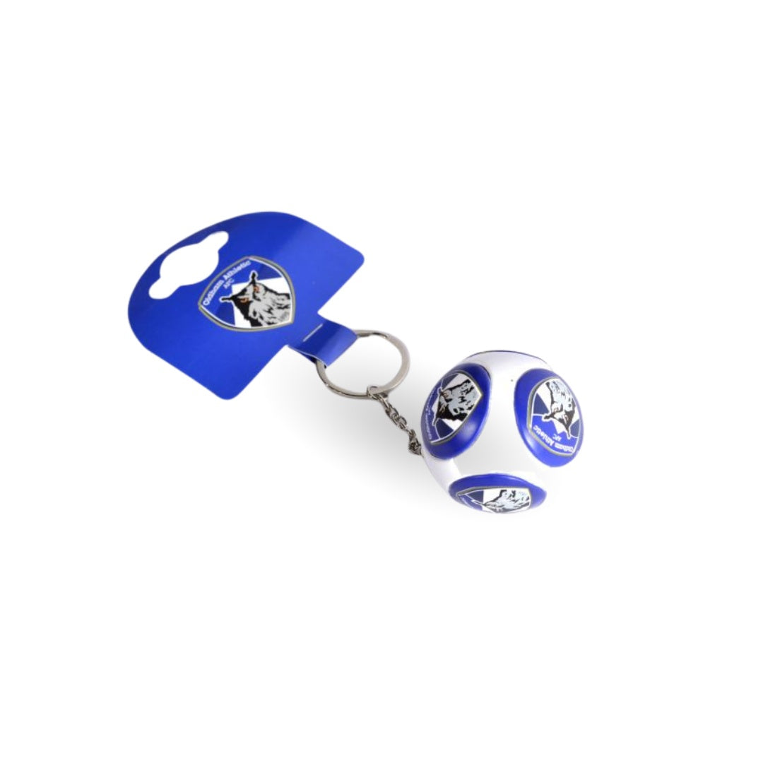 Blue and white keychain with a light on a white background