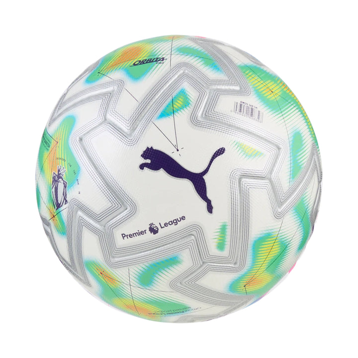 Colorful soccer ball with Puma logo and Premier League branding on a white background