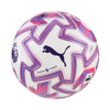 White soccer ball with pink and purple patterns and Puma logo on a white background