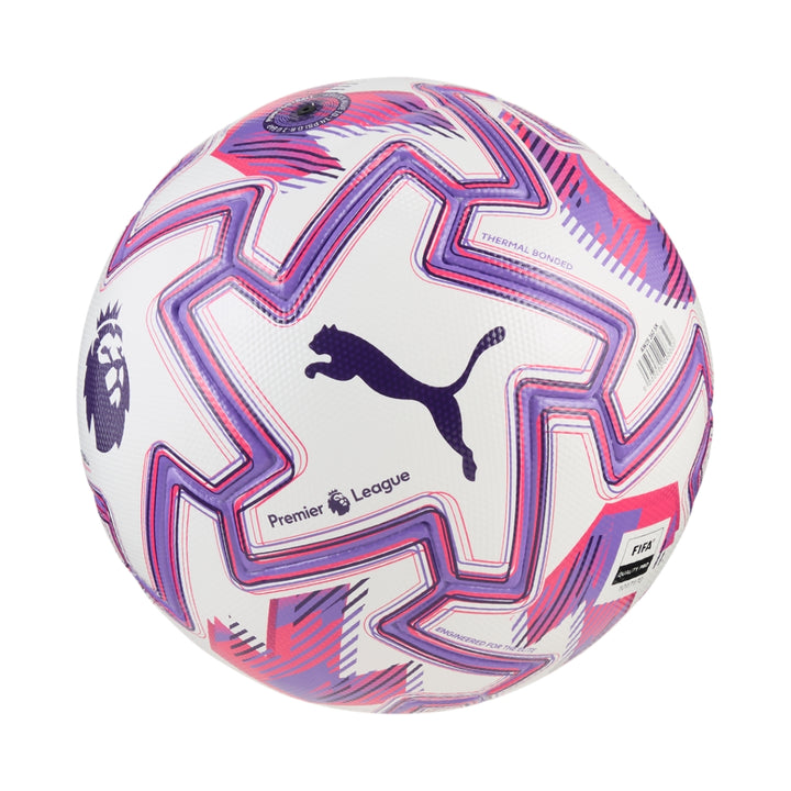 White soccer ball with pink and purple patterns and Puma logo on a white background