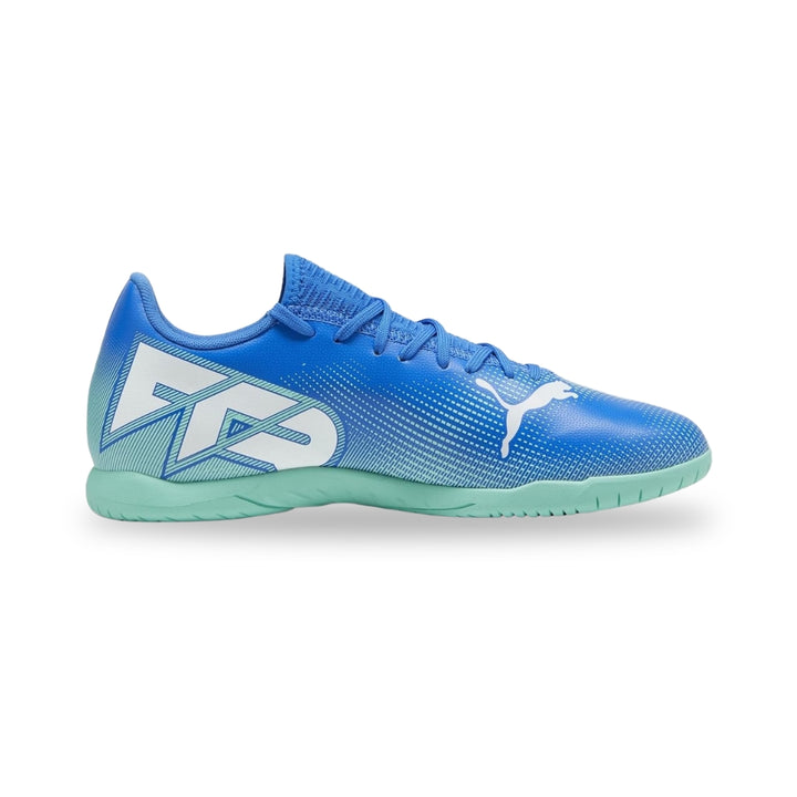 Blue sports shoe with a brand logo on a white background