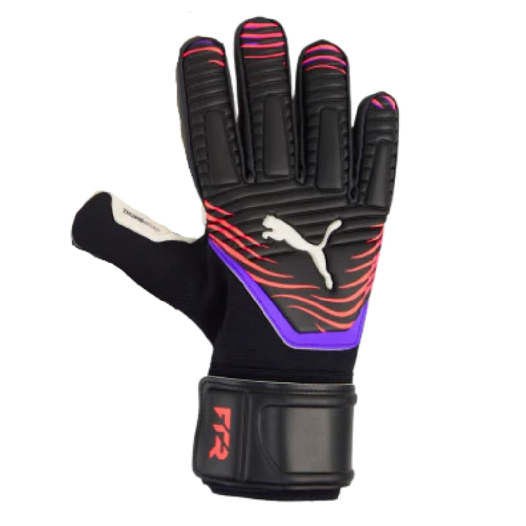 Black goalkeeper glove with colorful accents and Puma logo on a white background