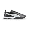 Black Adidas running shoe with white stripes on a white background