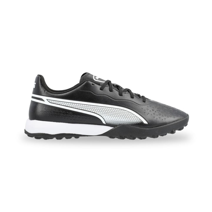 Black Adidas running shoe with white stripes on a white background