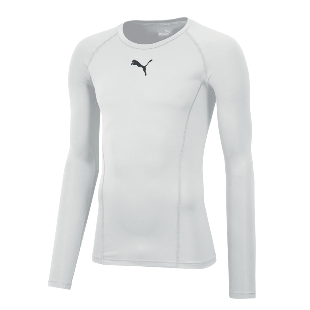 A white long-sleeve athletic compression top by Puma, featuring a black Puma cat logo on the center chest, displayed on a clean white background.