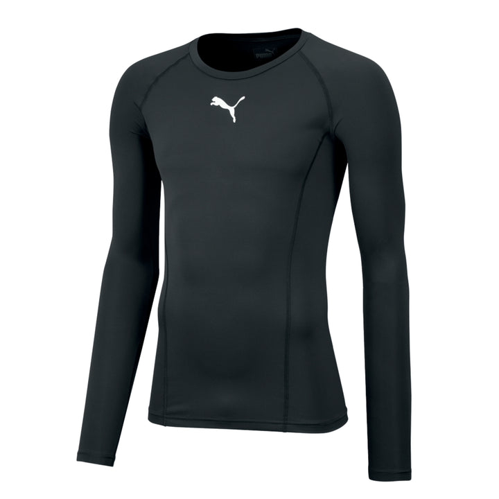 A black long-sleeve athletic compression shirt with a white Puma logo on the chest, displayed on a clean white background.