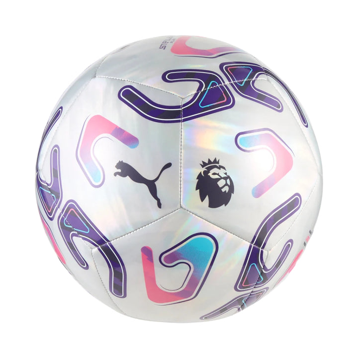 White soccer ball with colorful patterns and Puma logo on a white background