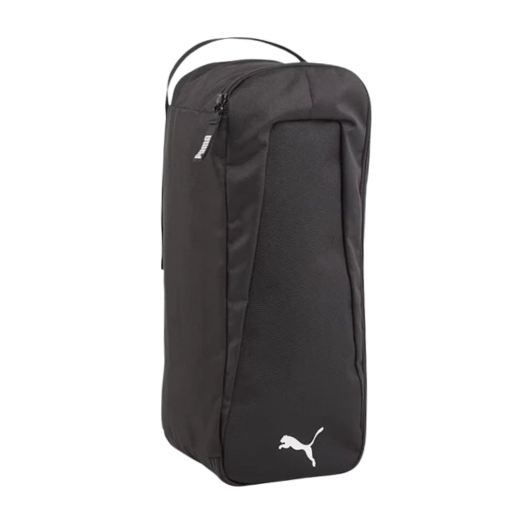 A black Puma shoe bag with a white leaping cat logo on the bottom corner, shown against a plain white background.