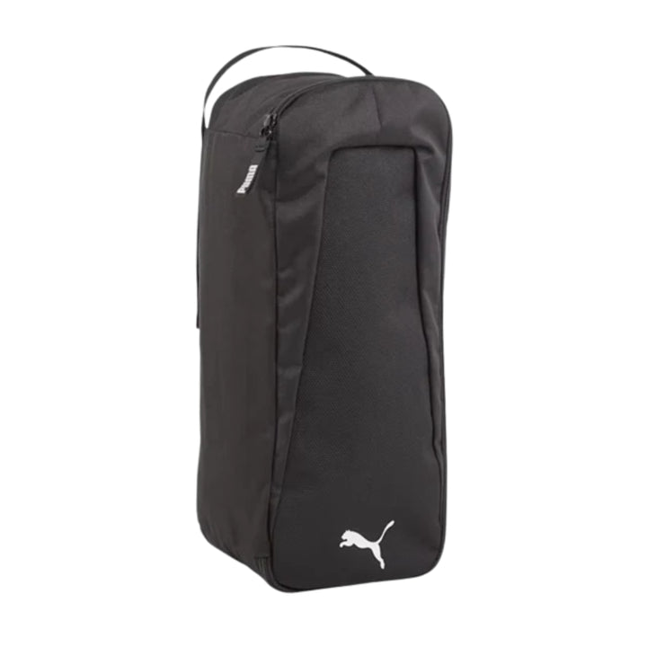 A black Puma shoe bag with a white leaping cat logo on the bottom corner, shown against a plain white background.