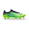 A Puma Ultra soccer cleat in neon green and black, shown from the side against a white background.