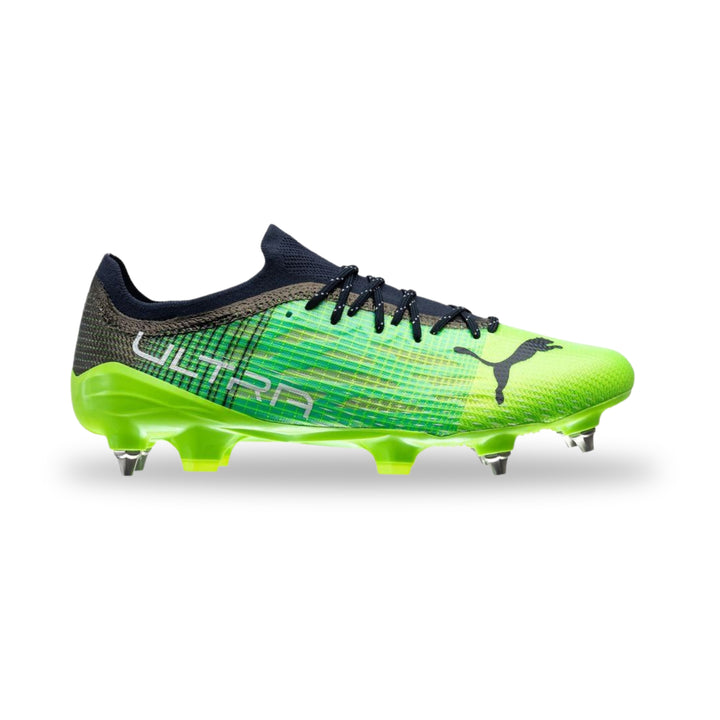 A Puma Ultra soccer cleat in neon green and black, shown from the side against a white background.