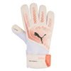 A single Puma goalkeeper glove in off-white with orange textured grip patterns, a black Puma cat logo, and an orange accent tab on the wrist strap, shown against a plain white background.