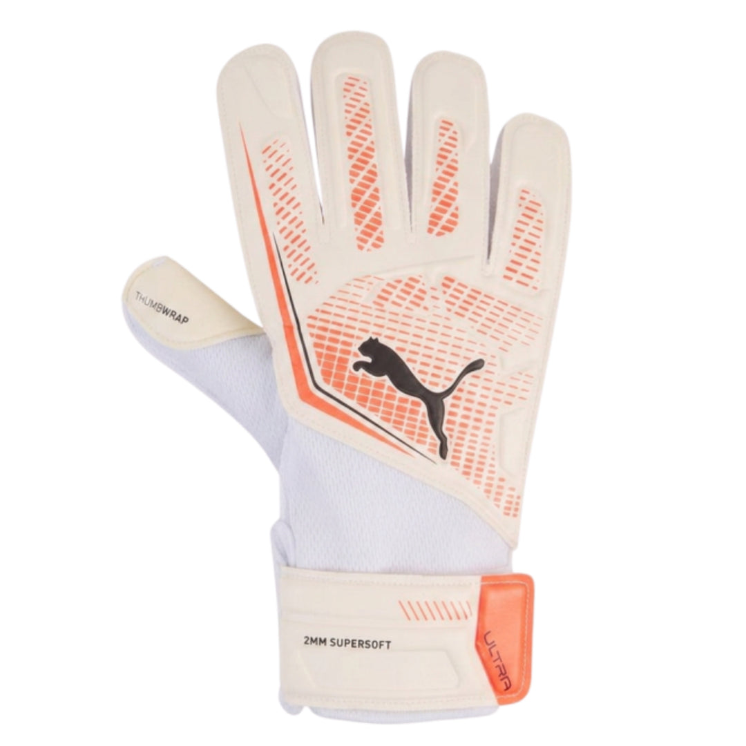A single Puma goalkeeper glove in off-white with orange textured grip patterns, a black Puma cat logo, and an orange accent tab on the wrist strap, shown against a plain white background.