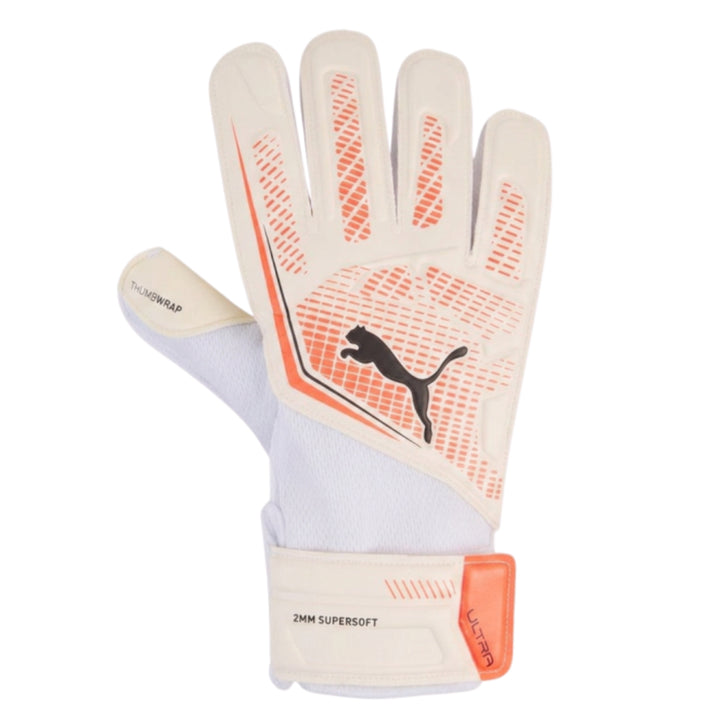 A single Puma goalkeeper glove in off-white with orange textured grip patterns, a black Puma cat logo, and an orange accent tab on the wrist strap, shown against a plain white background.