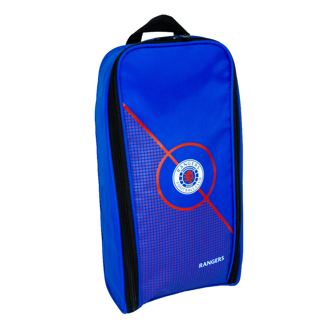 A royal blue Rangers FC boot bag with black zippers, a black top handle, and a red target graphic with the club's logo on the front, set against a plain white background.