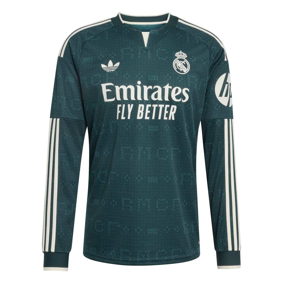 A dark green Real Madrid long-sleeve soccer jersey with white accents, featuring the Adidas logo, Real Madrid crest, Emirates Fly Better sponsor text, and HP branding on the sleeve.