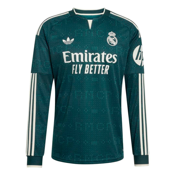 A dark green Real Madrid long-sleeve soccer jersey with white accents, featuring the Adidas logo, Real Madrid crest, Emirates Fly Better sponsor text, and HP branding on the sleeve.