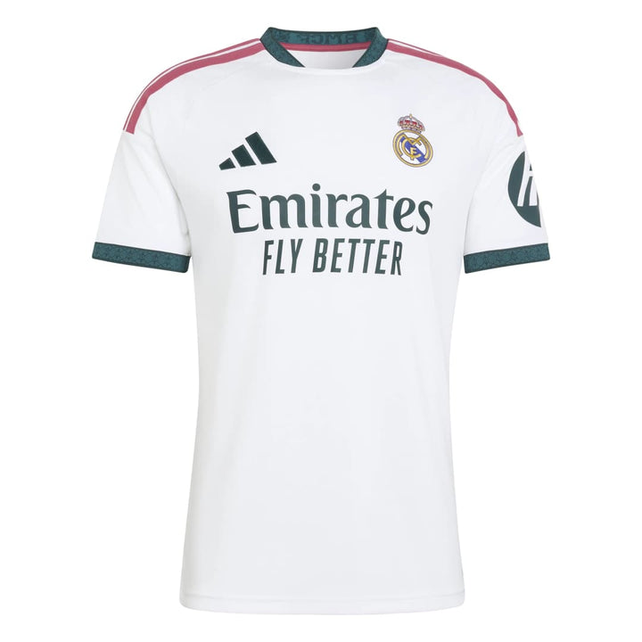 White sports jersey with branding on a white background