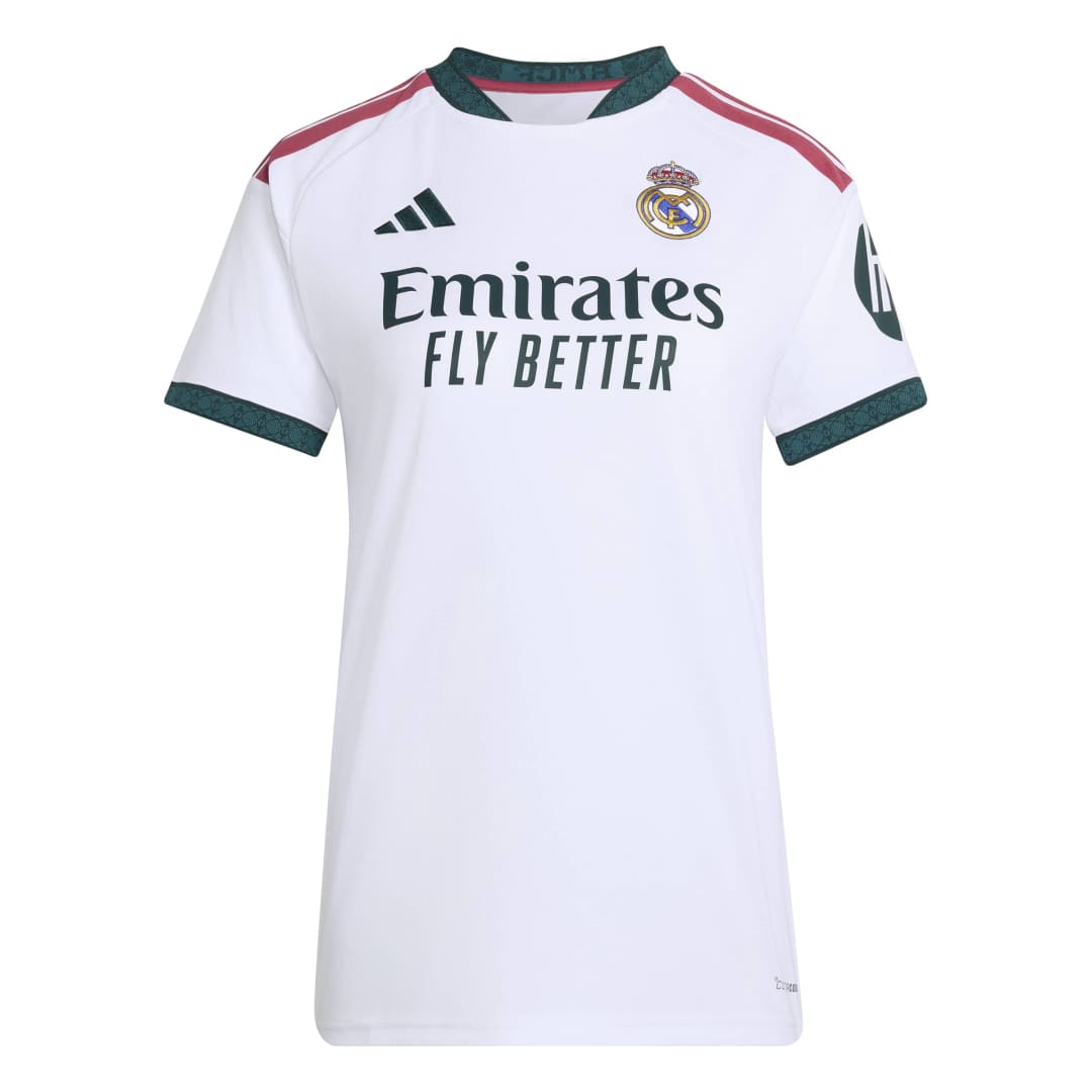 White sports jersey with Adidas and Real Madrid logos on a white background