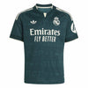 A dark teal Real Madrid soccer jersey by Adidas, featuring white embroidered logos and the club crest on the chest, with 'Emirates FLY BETTER' printed across the front.