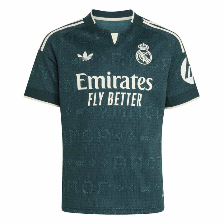 A dark teal Real Madrid soccer jersey by Adidas, featuring white embroidered logos and the club crest on the chest, with 'Emirates FLY BETTER' printed across the front.