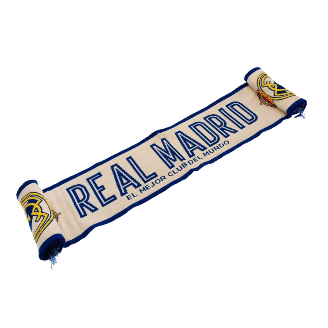 Real Madrid scarf with text and logo on a white background