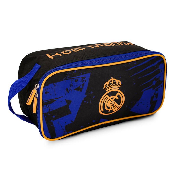 A black and blue Real Madrid travel pouch with orange accents, featuring the club's crest and 'Real Madrid' branding, set against a plain white background.