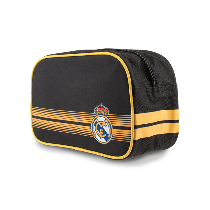 A black and gold Real Madrid cosmetic pouch with the club's crest on the front, set against a plain white background.