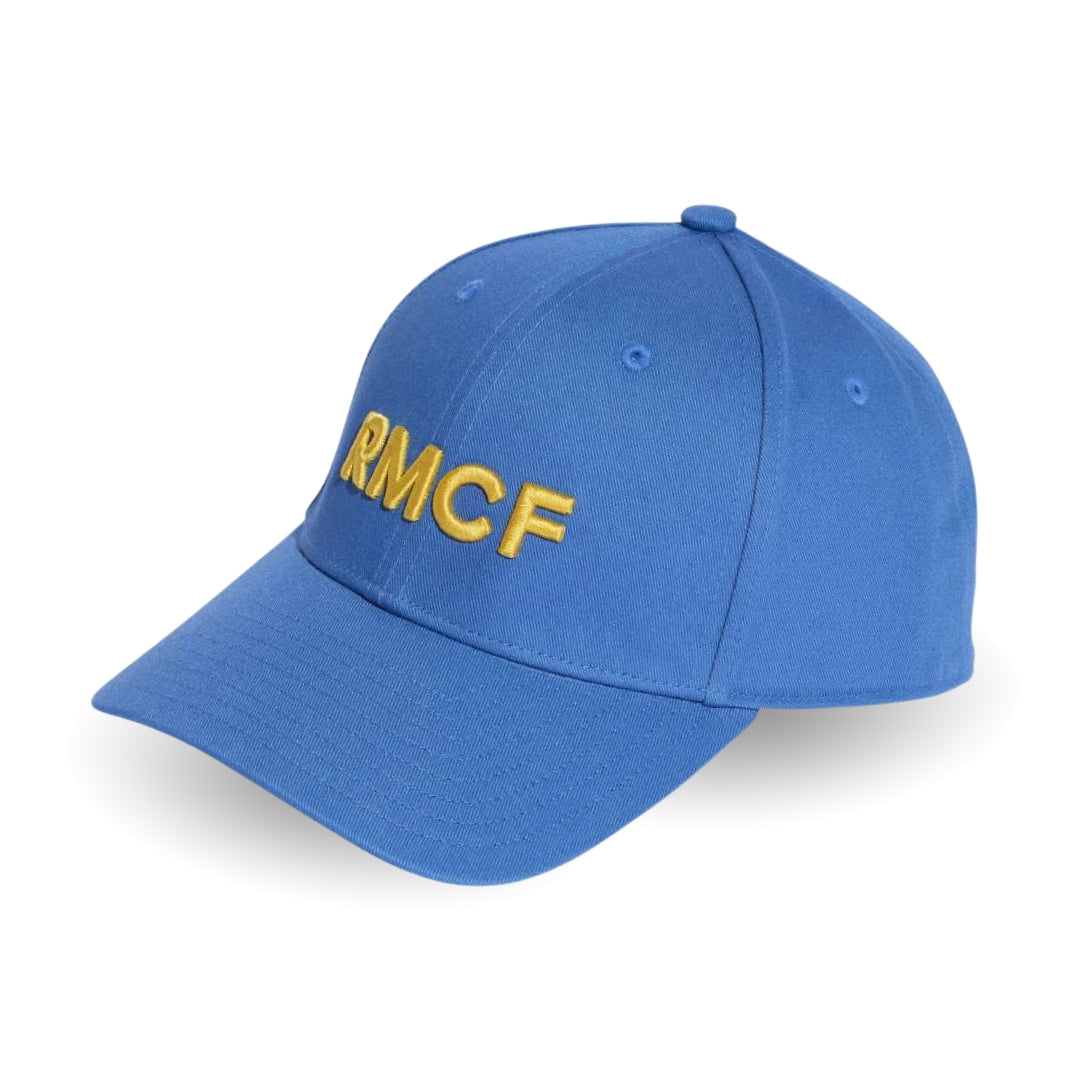 Blue cap with 'RMCF' text on a white background